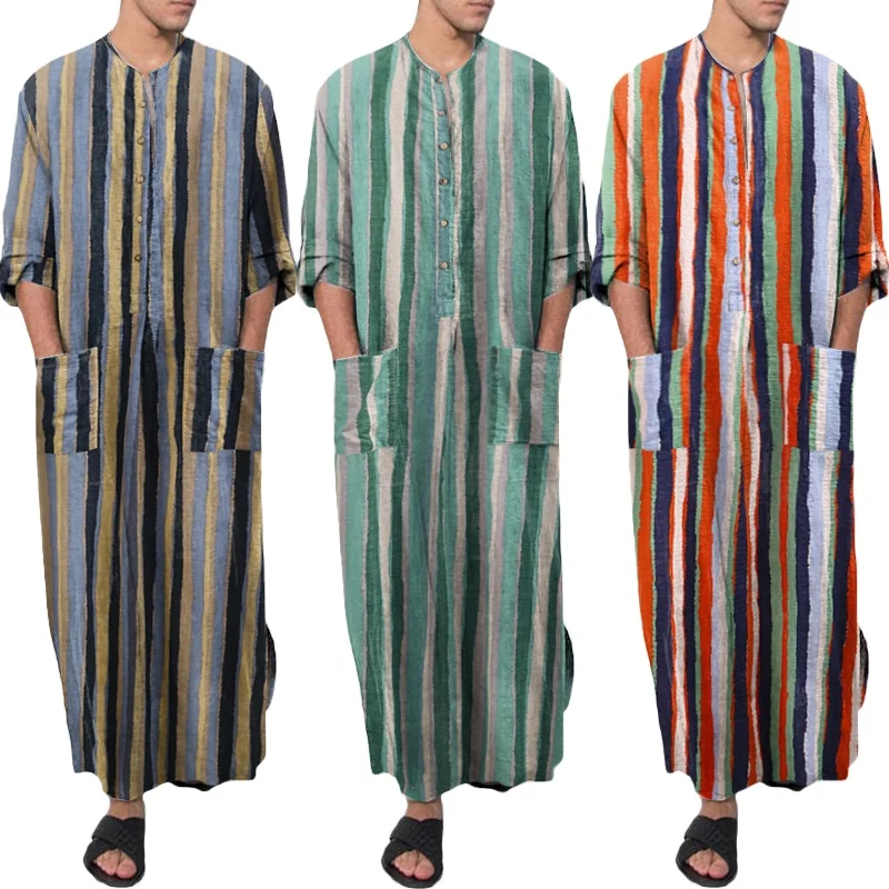 Men's Long Sleeve Striped African Dress Shirts Arabian Robes Morocco Kaftan Islamic Muslim Clothing Made of Polyester