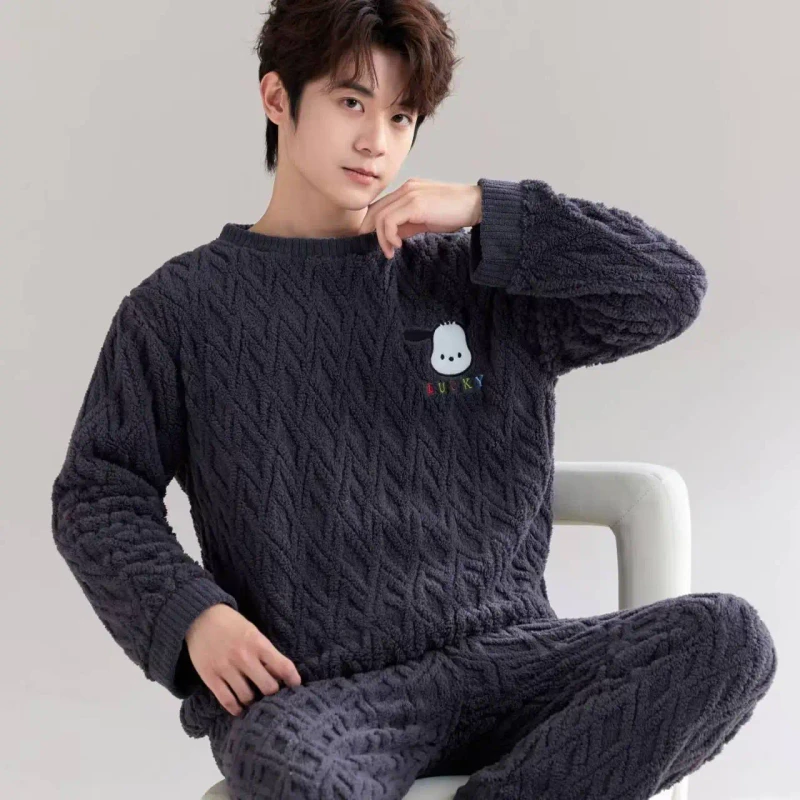 Men's Long-Sleeve Thermal Coral Fleece Pajamas Set Couple Cute Embroidery Warm Winter Home Wear Loungewear 240g