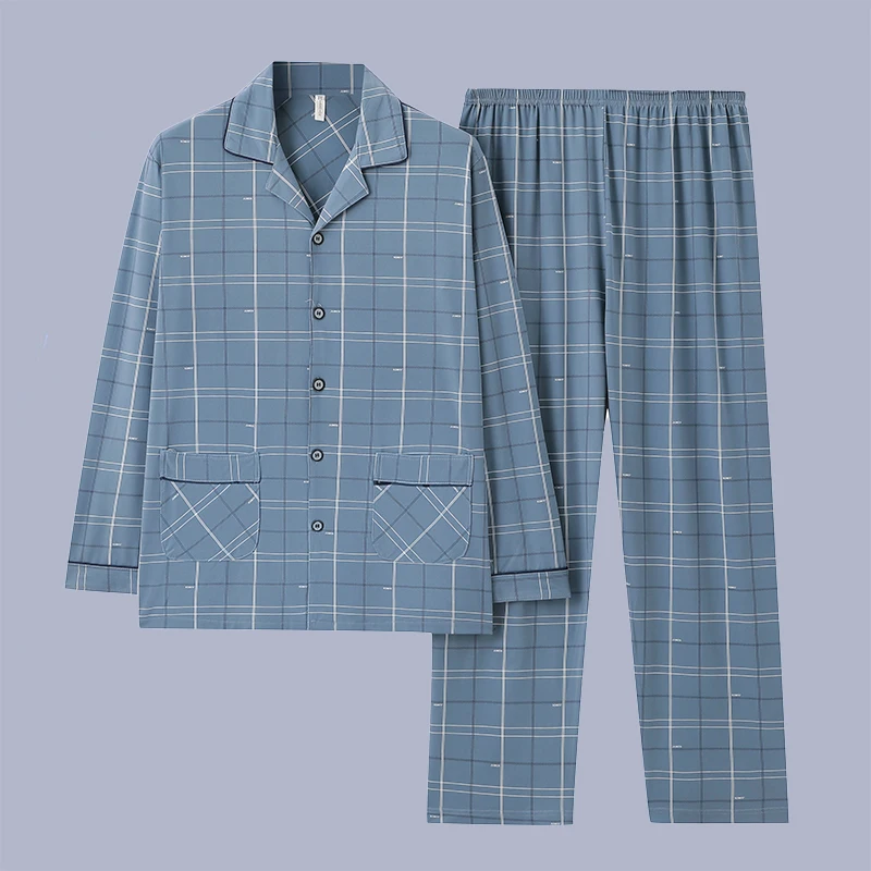 Men's Long Sleeved Cotton Pajamas Casual Lapel Flannel Home Outwear for Spring Autumn Plus XL Suit for Young Breathable