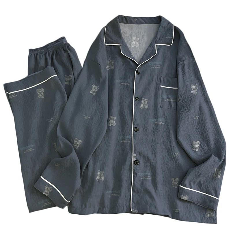 Men's Loose-fitting Comfortable Long-sleeve Pajama Set With Cartoon Bear Print