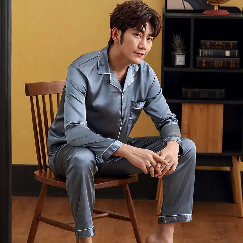 Men's Lounge Wear Pajama Set, V Neck, Long Top and Bottom, Satin, With Pocket