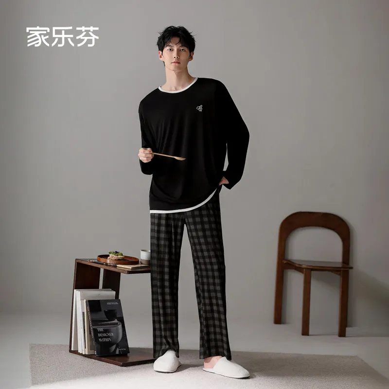 Men's Loungewear Black Round Neck Design Sweat-Absorbent Simple Long Sleeve Plaid Casual Pajamas Set