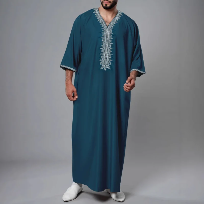 Men's Moroccan Robe Mid Sleeve Embroidered Cross Border Trade Middle Eastern Ethnic Style Polyester Silk Feel Autumn