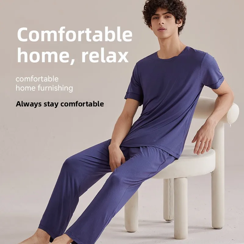 Men's Mulberry Silk Homewear Suit Modal Neck Short-sleeved Breathable Stretch Comfortable Pajamas