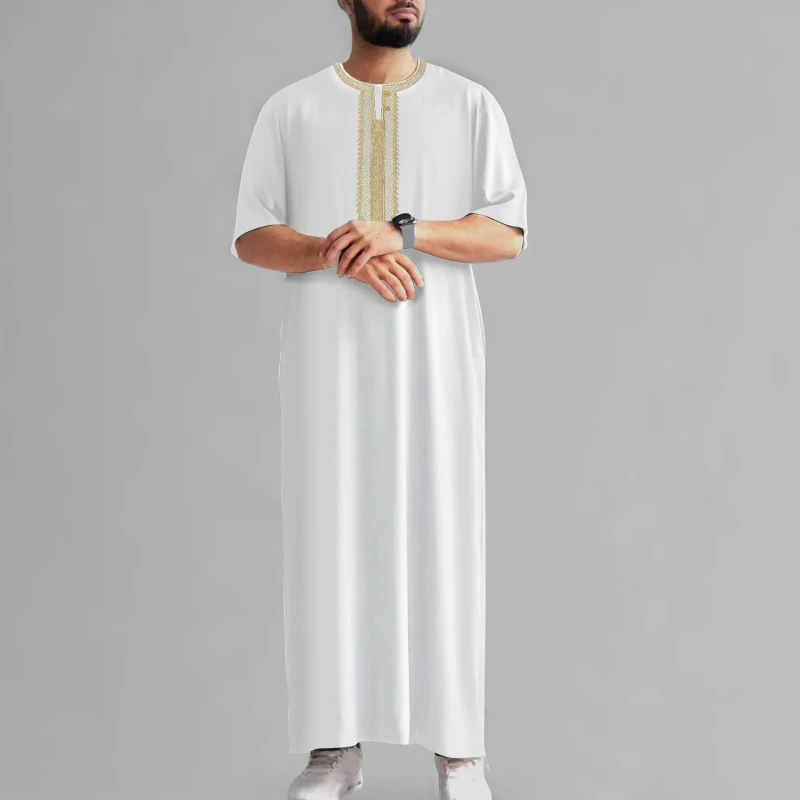 Men's Muslim Short Sleeve Robes Abaya Dress One-Piece Dress Islamic Full Length Kaftan Daily Casual Dress for Men