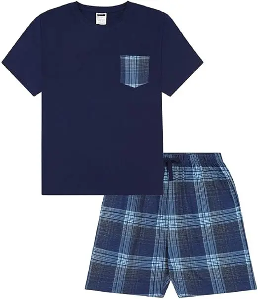 Mens Navy Blue Checked Short Pyjama Set Factory Customized Men's Summer Pajama Set