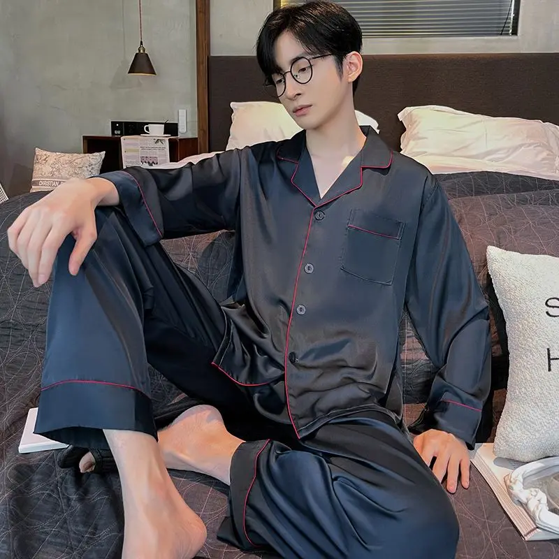 Men's New Spring Autumn Satin Pajamas Long Sleeve Ice Silk Home Clothes Comfortable Soft Two Piece Set with Thin Collar for Boys