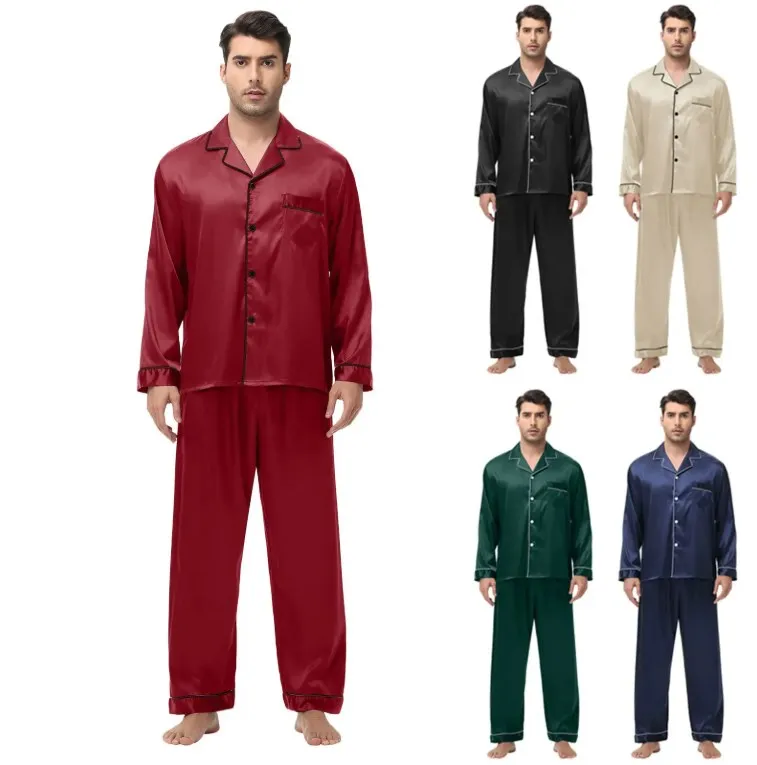 Men's New Spring Satin Outerwear Long Sleeve Pajamas Korean Style Home Clothes Silk Polyester Woven Technics Thermal