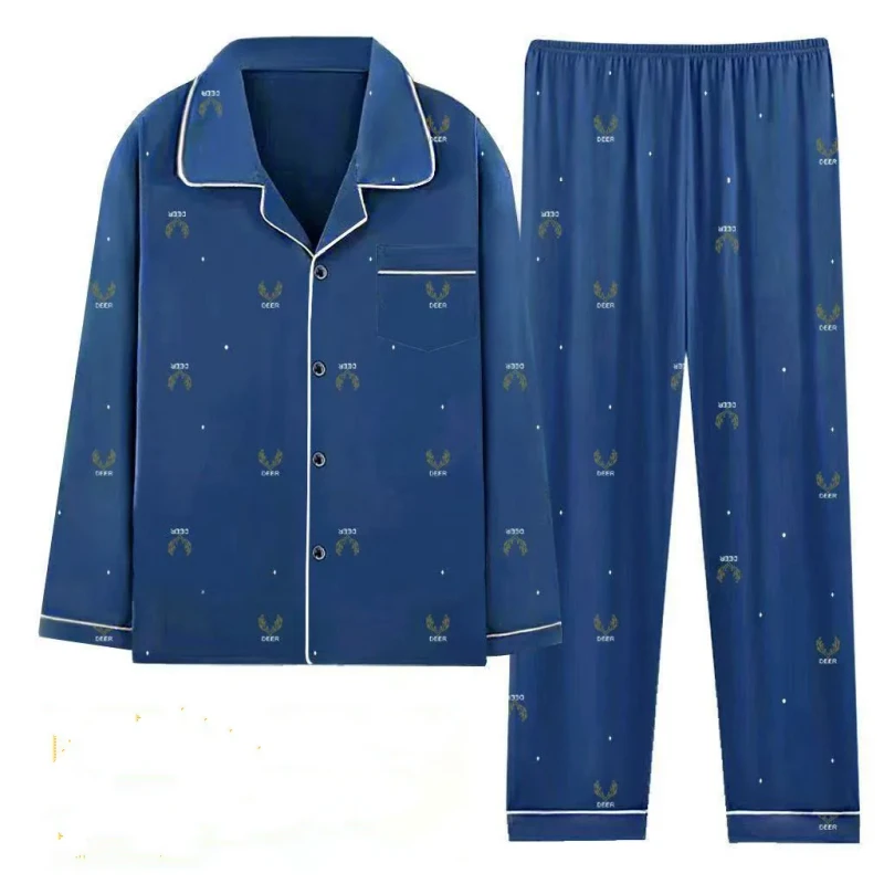 Men's Pajama Set Autumn Long sleeved Long Pants Homewear Soft Casual Cotton Sleepwear Lapel Cardigan Father Nightwear Two Piece