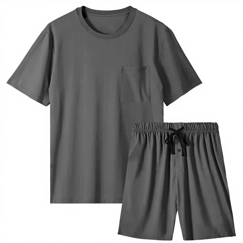 Mens Pajama Set Lightweight Short Sleeve Soft Breathable Solid Pattern Chest Pocket Sleepwear S 3XL