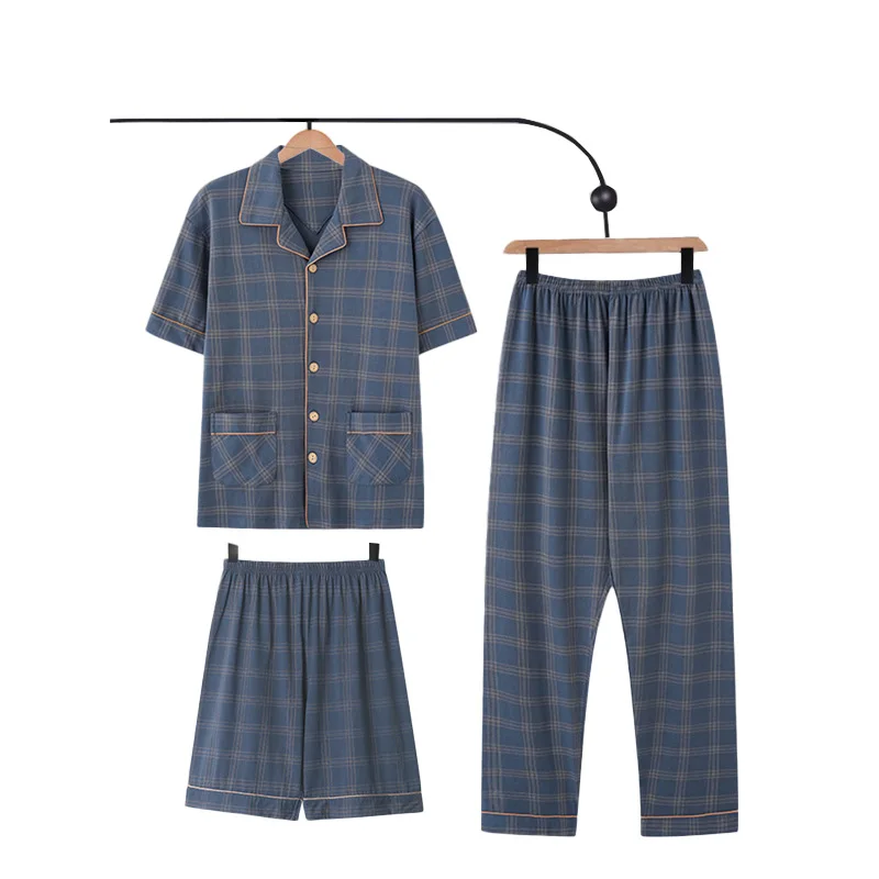 Men's Pajama Set Summer Pure Cotton Short sleeved Long Pants Lightweight Large size Home Wear Three piece Set