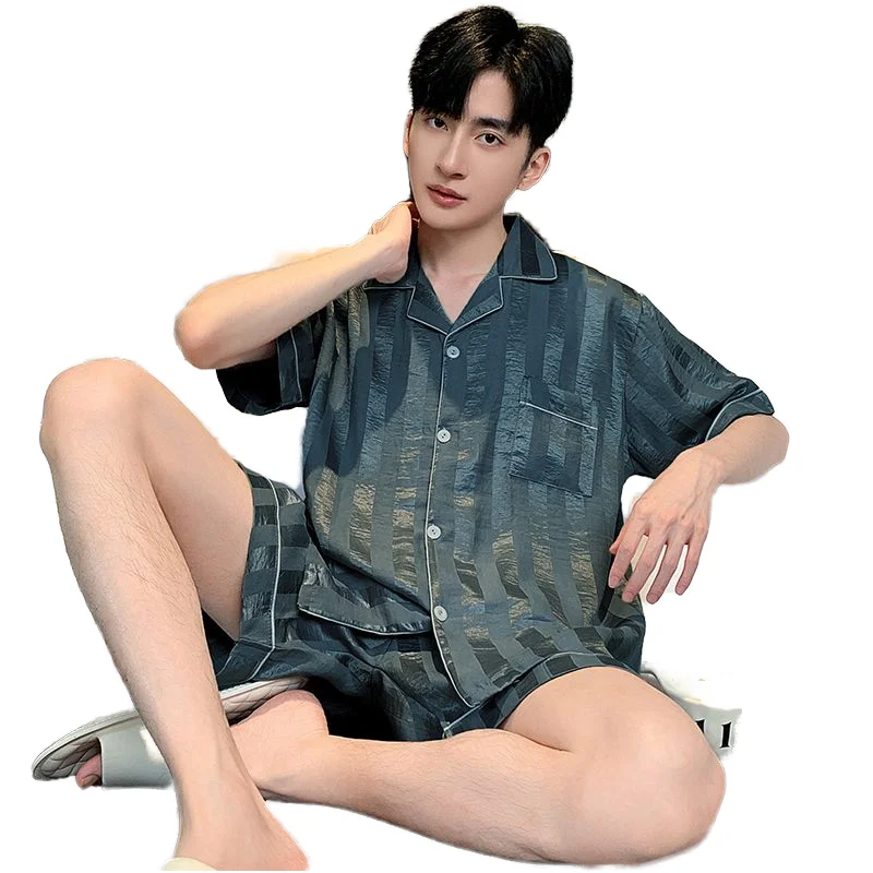 Men's Pajamas Cardigan Striped Pajamas Summer Casual Short Sleeve Shorts Trousers Pajamas Loose Comfortable Home Wear