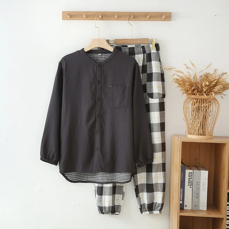 Men's Pajamas Cotton Sleepwear Plaid Long Sleeve and Pants Set