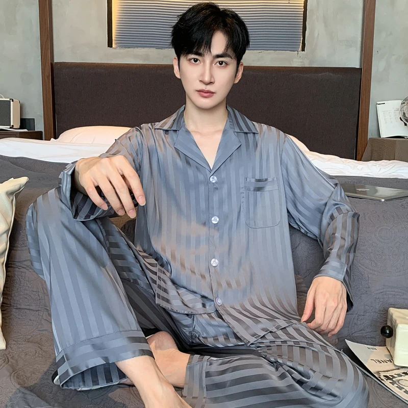 Men's Pajamas Ice Silk Long Sleeves Breathable Cool Comfortable Spring Autumn Summer Plus Size Extra Large Loose