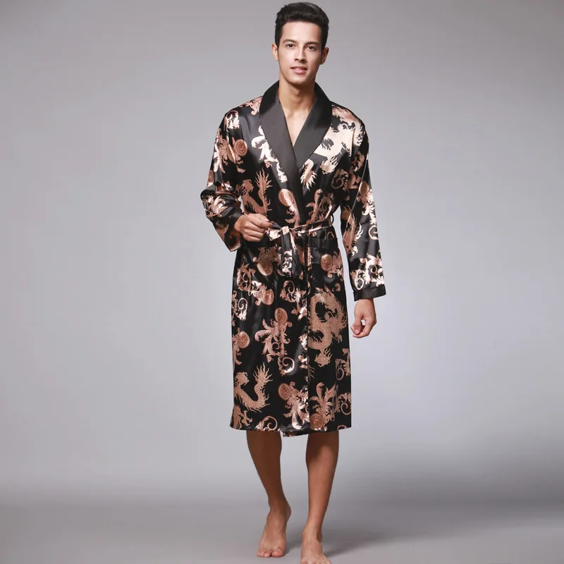 Men's Pajamas Long Sleeve Satin Bathrobe with Breathable Print Wearable