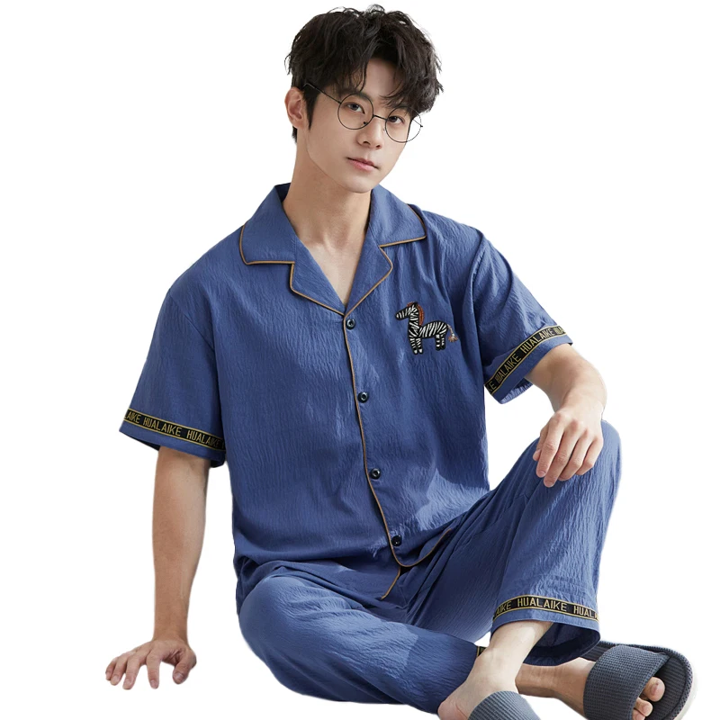 Men's Pajamas New Summer Style With Short-sleeve Top And Long Pants Featuring Cartoon Embossing For Homewear