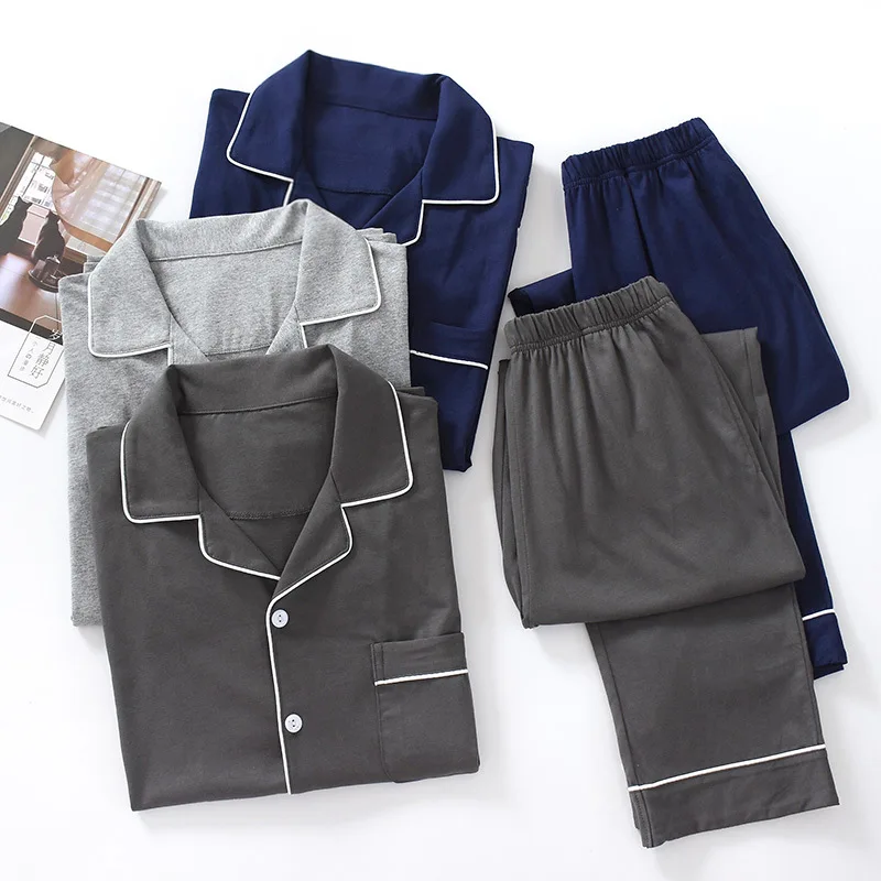 Men's Pajamas Set 100% Cotton Long Sleeved Pants Loose Style Large Size