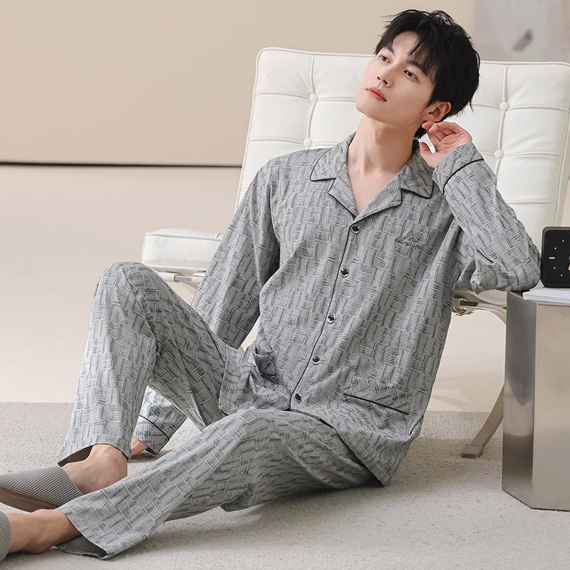 Men's Pajamas Set Soft Long-Sleeved Trousers Lapel Men Sleepwear Plus Size Nightwear Fashion Printed Homewear
