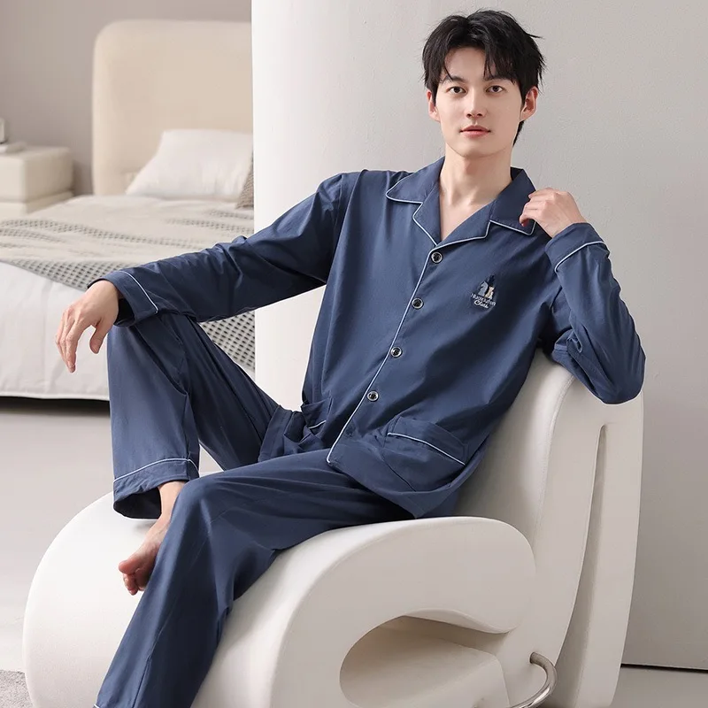 Men's Pajamas Set Soft Long Sleeved Trousers Lapel Men Sleepwear Plus Size Nightwear Fashion Printed Homewear