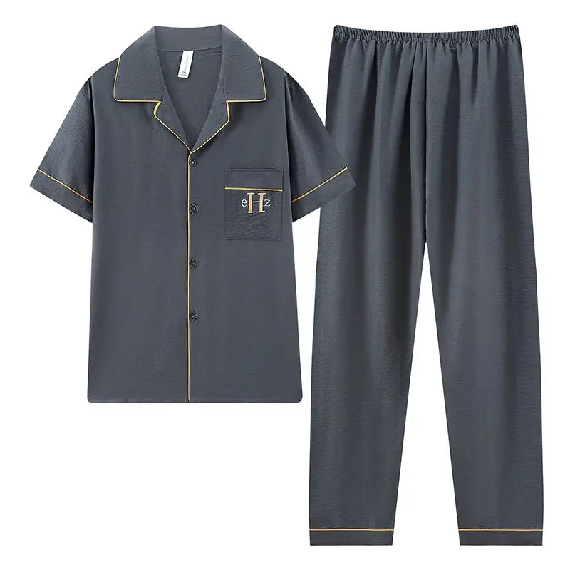 Men's Pajamas Short Sleeve Long Pants 2 Pieces Set Men Sleepwear Cardigan Leisure Style Cotton Soft Comfortable Night Wear