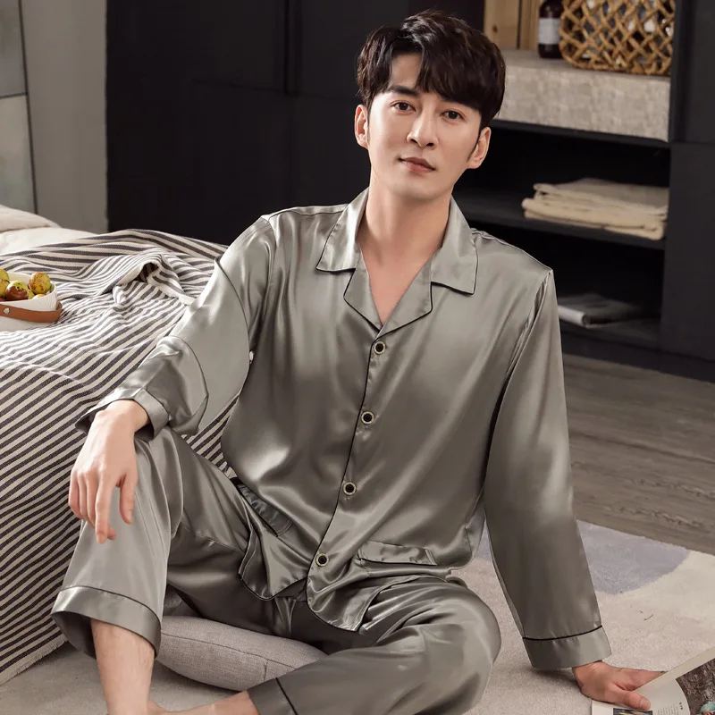 Men's Pajamas Spring Autumn Winter Ice Silk Polyester Breathable Comfortable Sleep Homewear Thin Silver Gray Two piece Set Solid