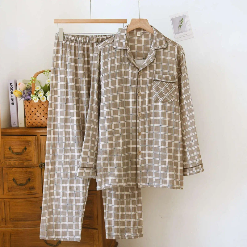 Men's Pajamas Spring Summer Autumn 100% Cotton Lightweight Long Sleeve Crepe Cardigan Set Black Large Size Loose Casual Plaid