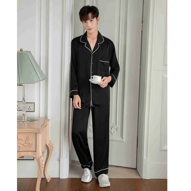 Men's Pajamas Turn Down Collar Piping Sleepwear Men's Long Sleeve Silk Satin Sleepwear Set