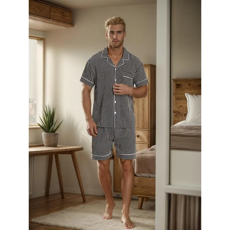 Men's Pajamas Two Piece Pajama Set Button Down Shirt Short Sleeve Short Pants Breathable Comfortable Sleepwear