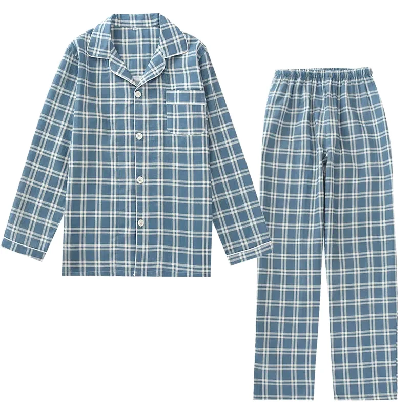 Men's Plus Size Thermal Print Breathable Pajamas Suit Long Sleeved V neck Casual Knitted Cotton Double Gauze Lattice Trousers