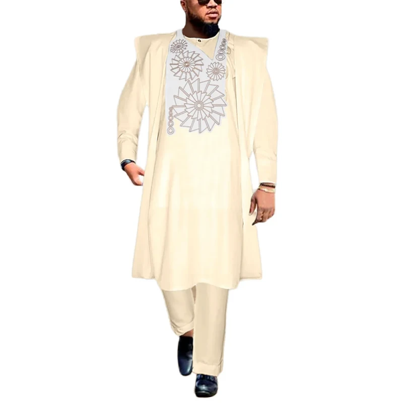 Men's Plus Size Three Piece Summer Dashiki Suit Matte Polyester Coat Embroidery Robe Pants Independent Station's Hot Selling