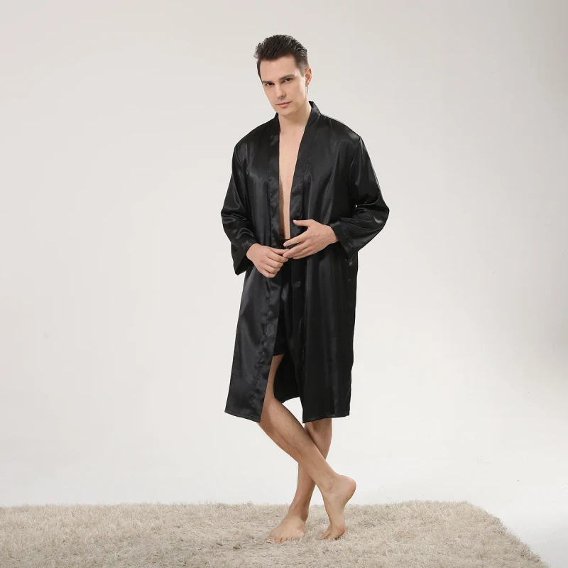 Men's Plus Size Two Piece Set Breathable Polyester Robe Shorts Long Sleeve Summer Bathrobe Solid Pattern European American Style
