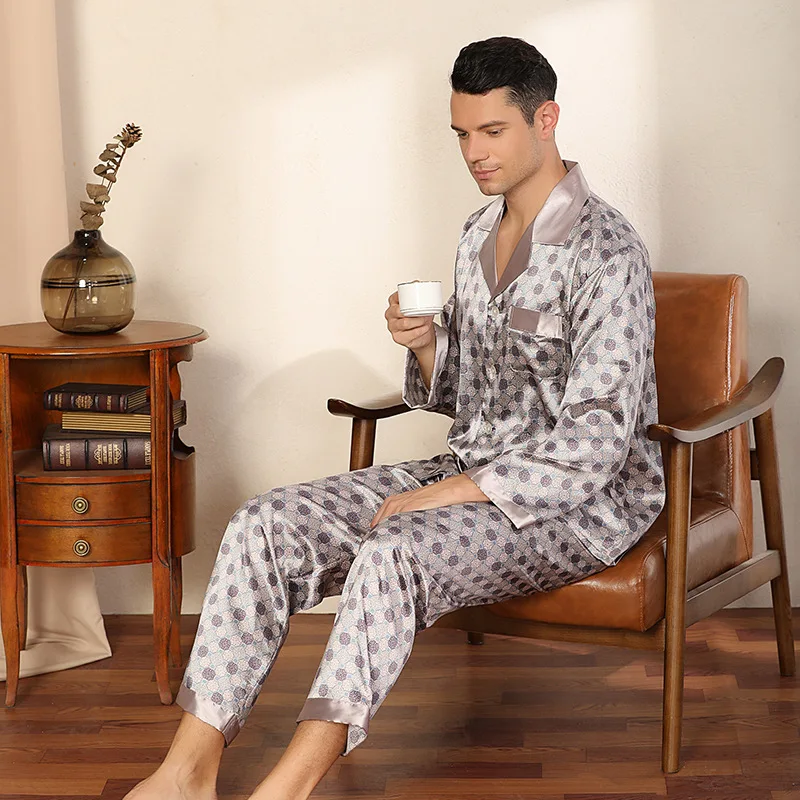 Men's Printed Silk Pajamas Long Sleeve Breathable Loungewear for Spring Summer Plus Size Collection Sleepwear