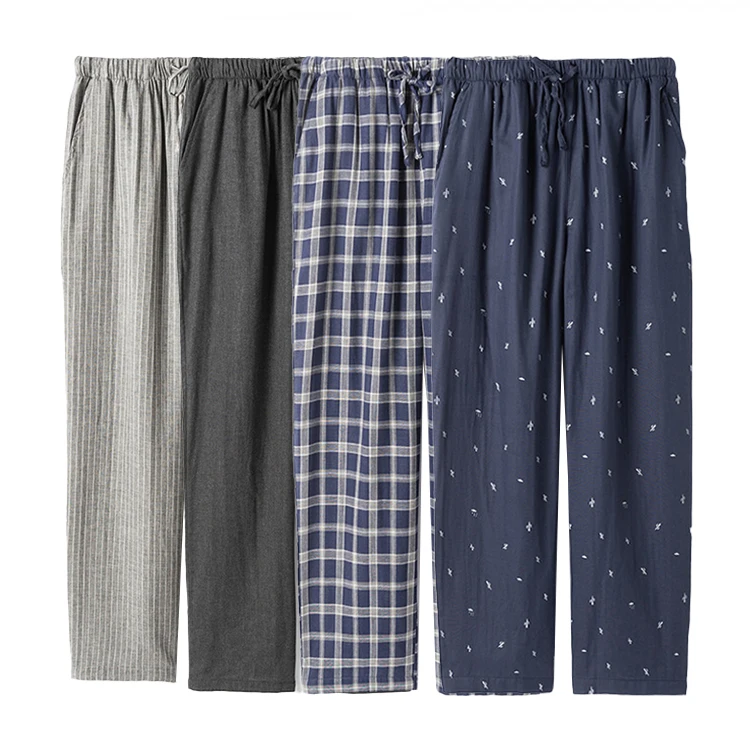 Mens Pyjama Pants Cotton Plaid Print Straight Pants Drawstring Sleep Bottoms