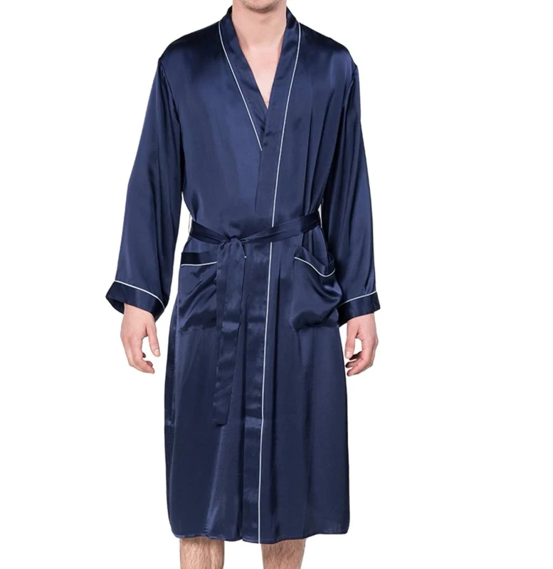 Men's Real Silk Robe Lightweight Bathrobe for Men Long Sleeve Silk Sleepwear