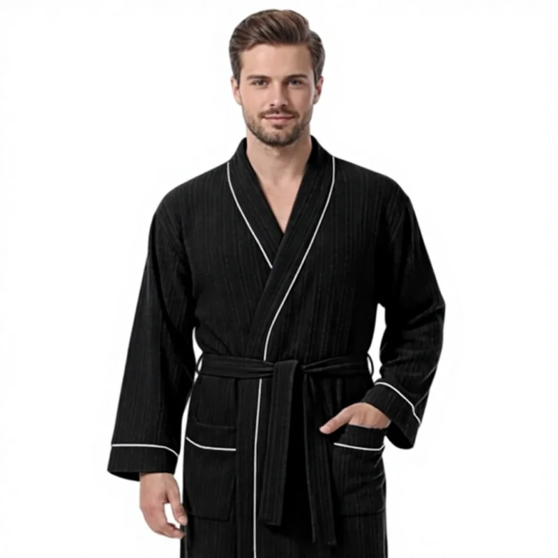 Men's Robe Calf-length Bathrobe with Pockets Lightweight Long Sleeve V-Neck Kimono Sleepwear 95% Polyester 5% Spandex