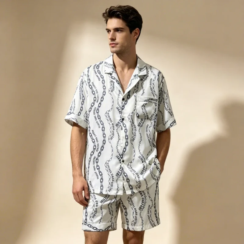 Men's Satin Pajamas Set Chain Print Baroque Silk-like Loungewear 2pc Short Sleeve Shorts Custom White