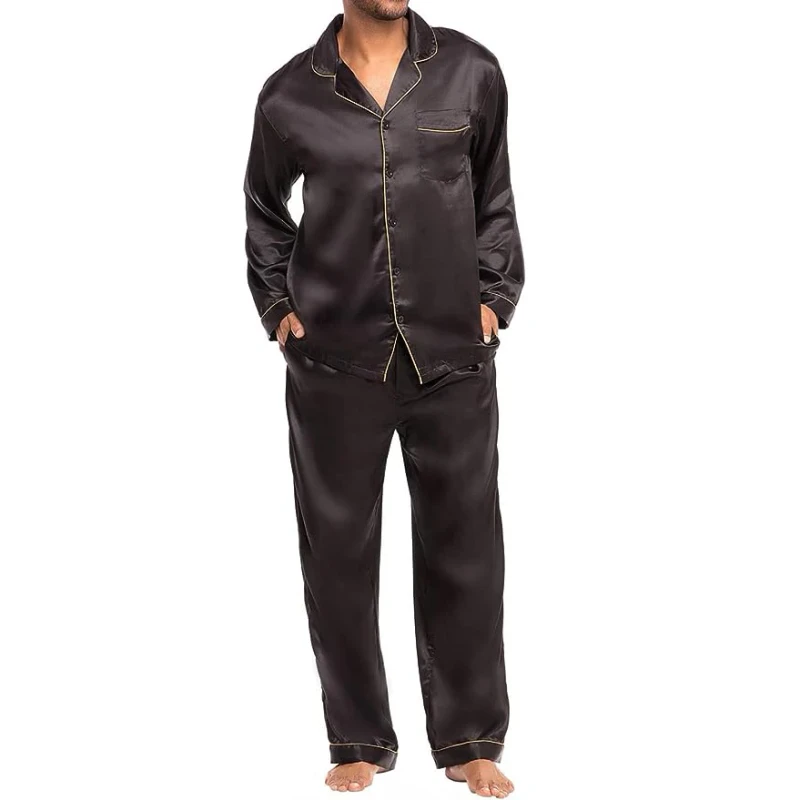Men's Satin Pajamas Set Long Sleeve Top Pants with Pockets Silk Sleepwear with Matching Sleep Mask