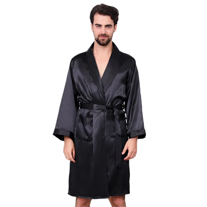 Men's Satin Robe Dragon Spa Long Sleeve House Kimono Bathrobe