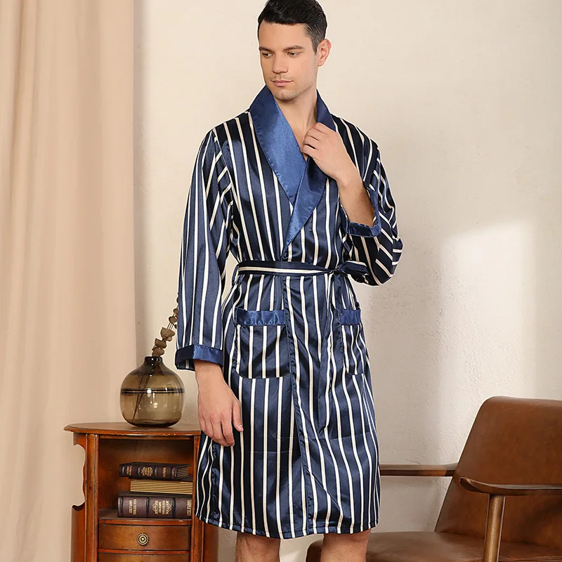 Men's Satin Shorts Nightgown Lightweight Breathable Long Sleeve Machine Washable Summer Pajamas Pockets Home Comfort Solid