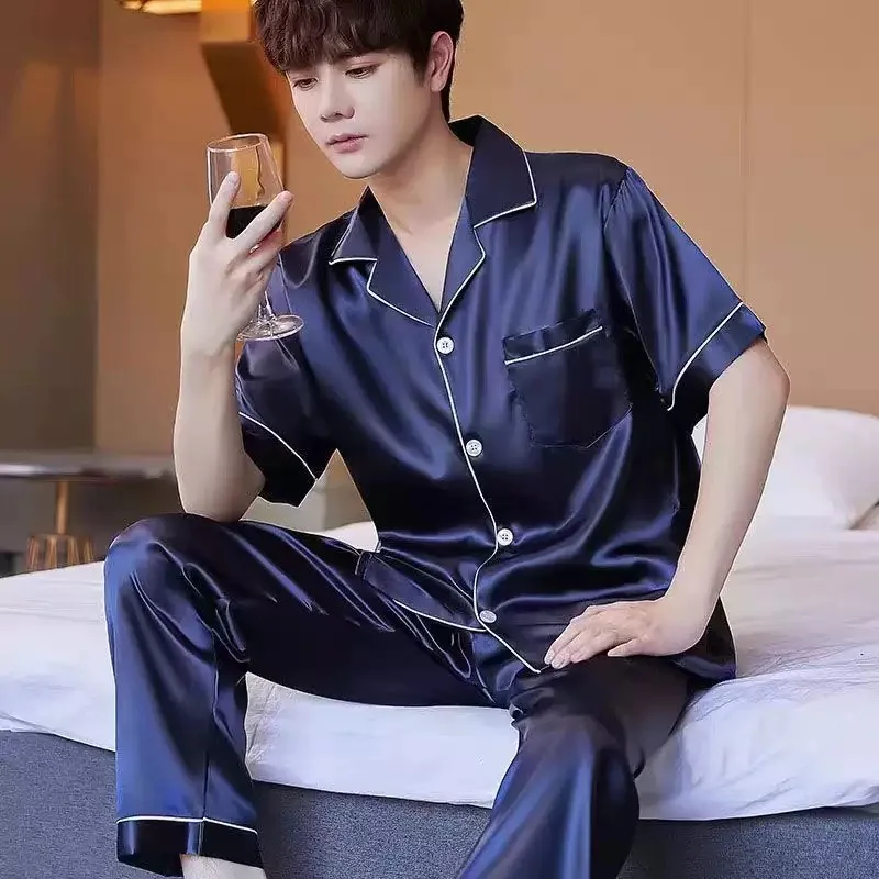 Men's Satin Silk Pajamas Set Summer Short Sleeve Long Pants Cardigan Sleepwear 2Pcs Collar Button Homewear Breathable Pijamas