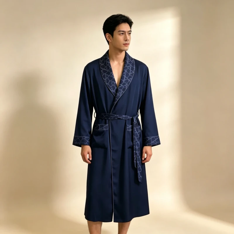 Men's Satin Silk Robe Long Sleeve Navy Blue Shawl Collar Monogram Print Trim Belted Sleepwear Bathrobe Custom OEM
