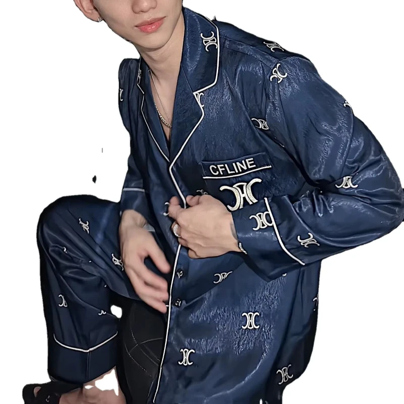 Men's Satin Striped Pajamas Set Silk-like Sleepwear Elegant Piping Long Sleeve 2pc Loungewear