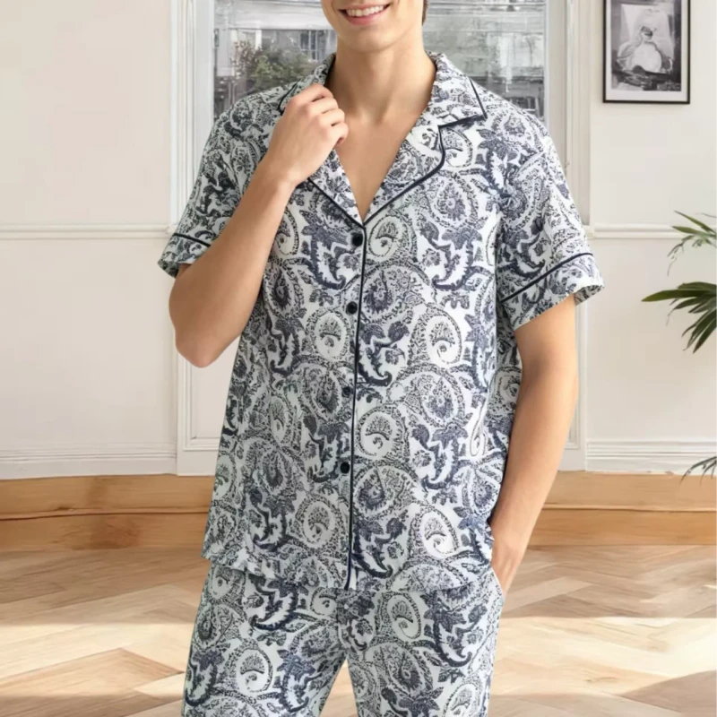 Men's Short Sleeve Paisley Print Woven Thermal Pajama Set Soft Breathable Quick Dry Fashion Home Wear Casual Sleepwear