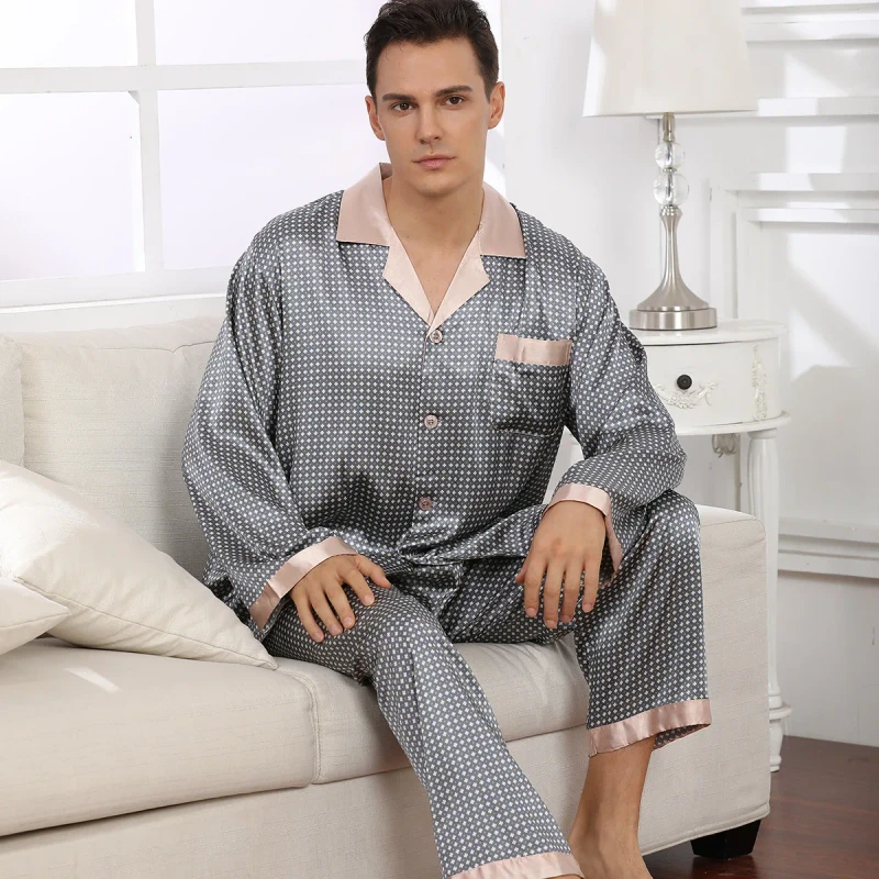 Men's Silk Like Casual Comfortable Dot Pattern Breathable Pajamas with Pockets