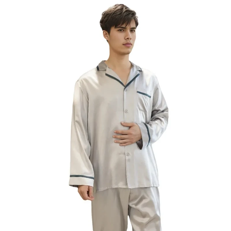 Men's Silk Pajamas Long Sleeved Long Pants Two-piece Set Silk Home Wear 100% Silk Satin Sleepwear Lounge Set