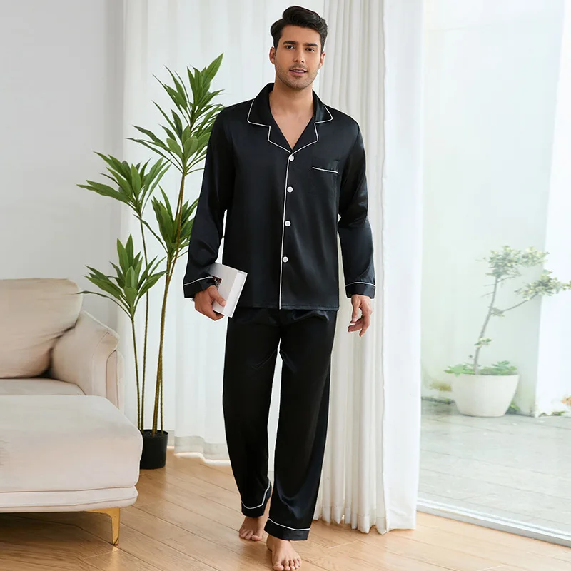 Men's Silk Pajamas Set Long Sleeve Long Pants Lounge Wear for All Season
