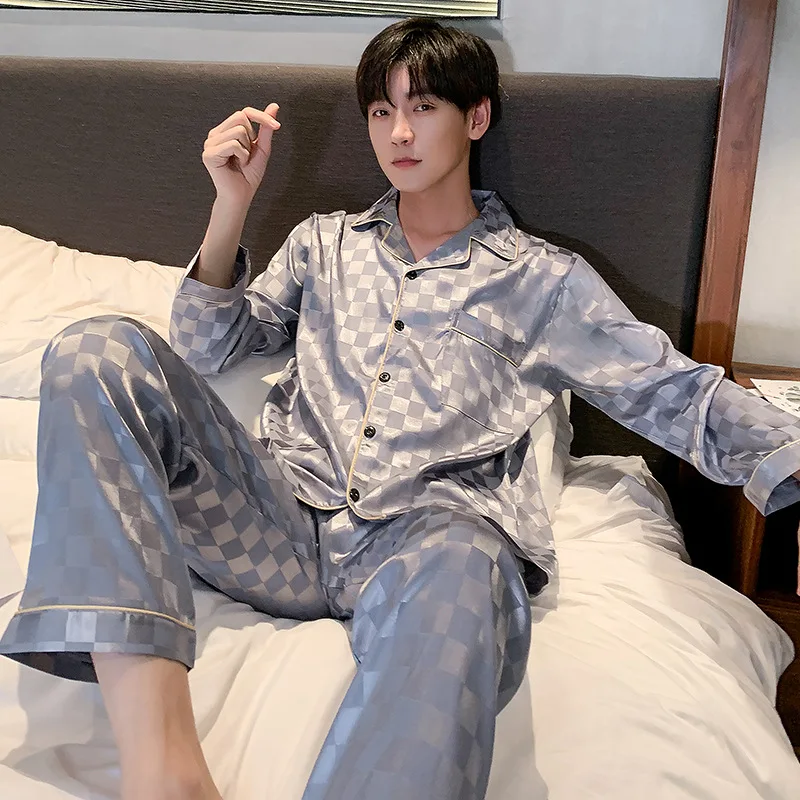 Men's Silk Pajamas Set Long Sleeve Satin Sleepwear Home Wear
