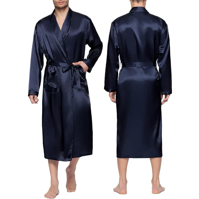 Men's Silky Satin Lounge Robe Long Lightweight One Piece Sleepwear Thermal Breathable Printed Pattern Style for Couples