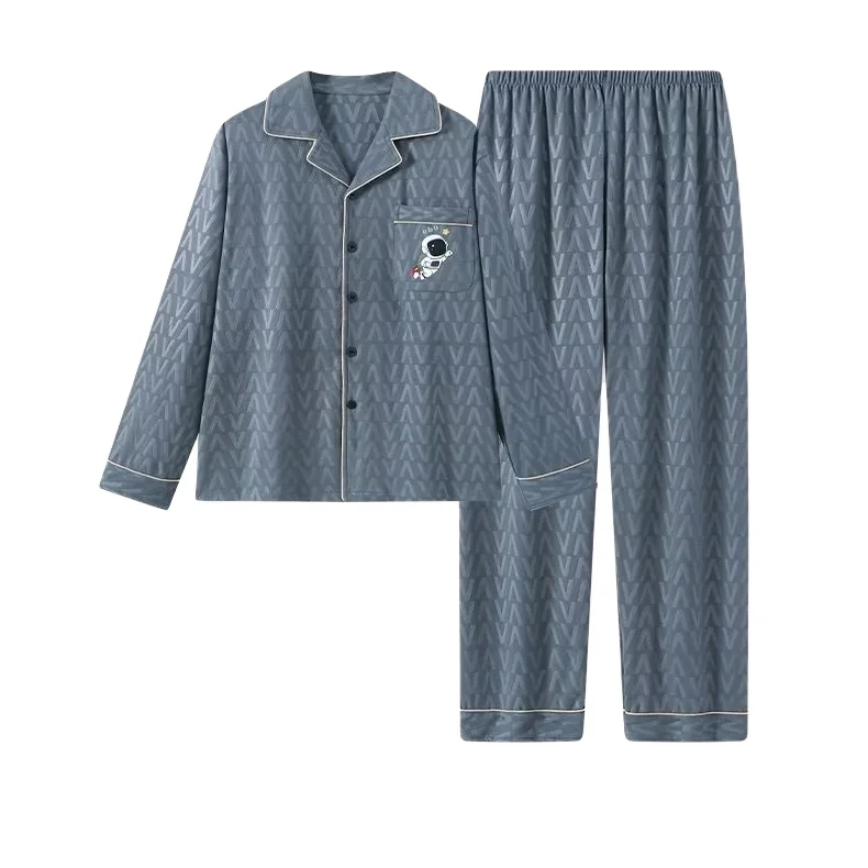 Men's Simple Cardigan Pajama Set Long Sleeves Turned-Down Collar Casual Wear for Spring Autumn Custom Orders