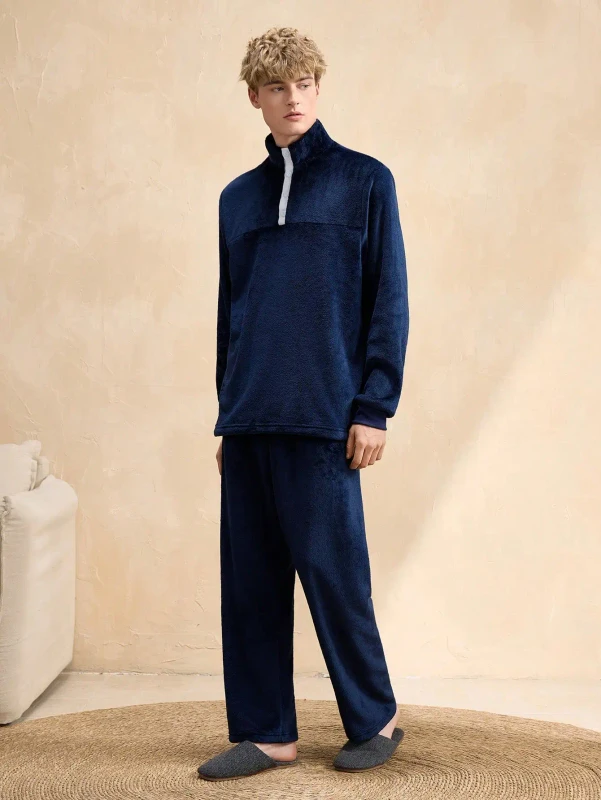 Men's Sleepwear Set Long Sleeve Top & Pants Soft Breathable Sleepwear for Winter